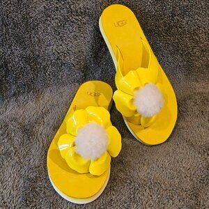 UGG Poppy Sheepskin Pom Pom Thong Yellow Sandals